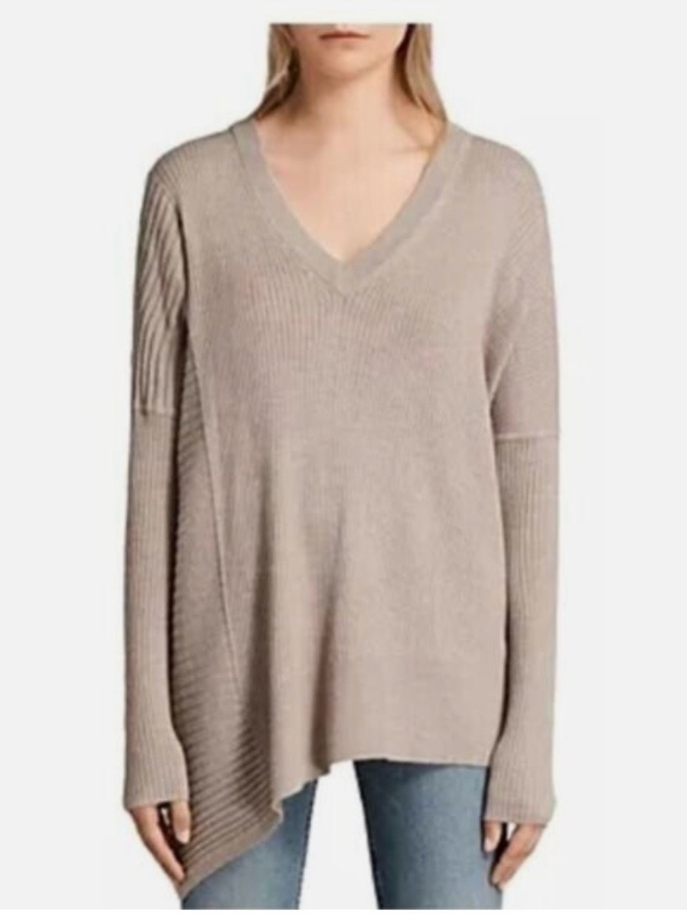AllSaints Keld Olivio Soft Blush V-Neck Ribbed Sweater